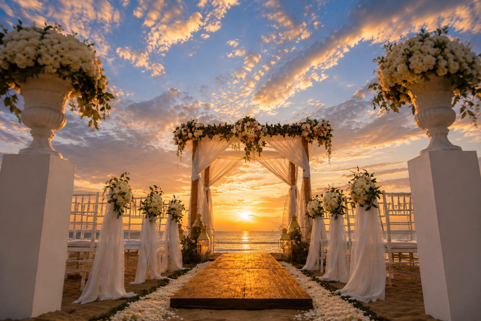 Sunset beach ceremony aisle with floral arch and lanterns