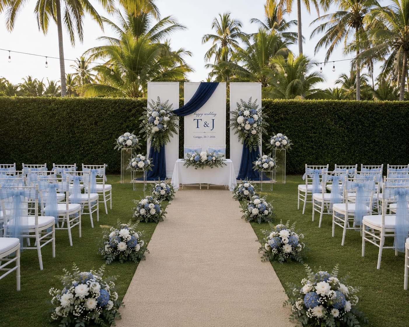 Garden wedding ceremony in Canggu with a white and blue floral backdrop