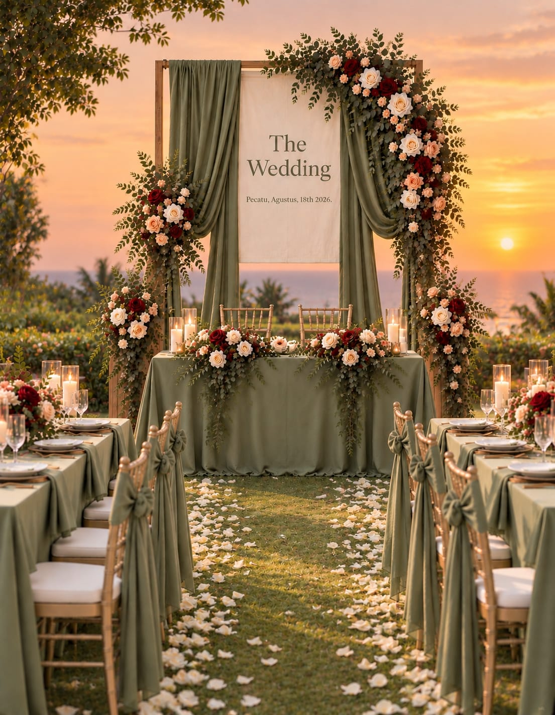 Outdoor garden wedding in Canggu with white chairs and a floral backdrop
